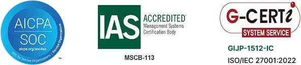 AICPA SOC、IAS ACCREDITED Management Systems Certification Body（MSCB-113）、G-CERTI SYSTEM SERVICE ISO/IEC 27001:2022（GIJP-1512-IC）