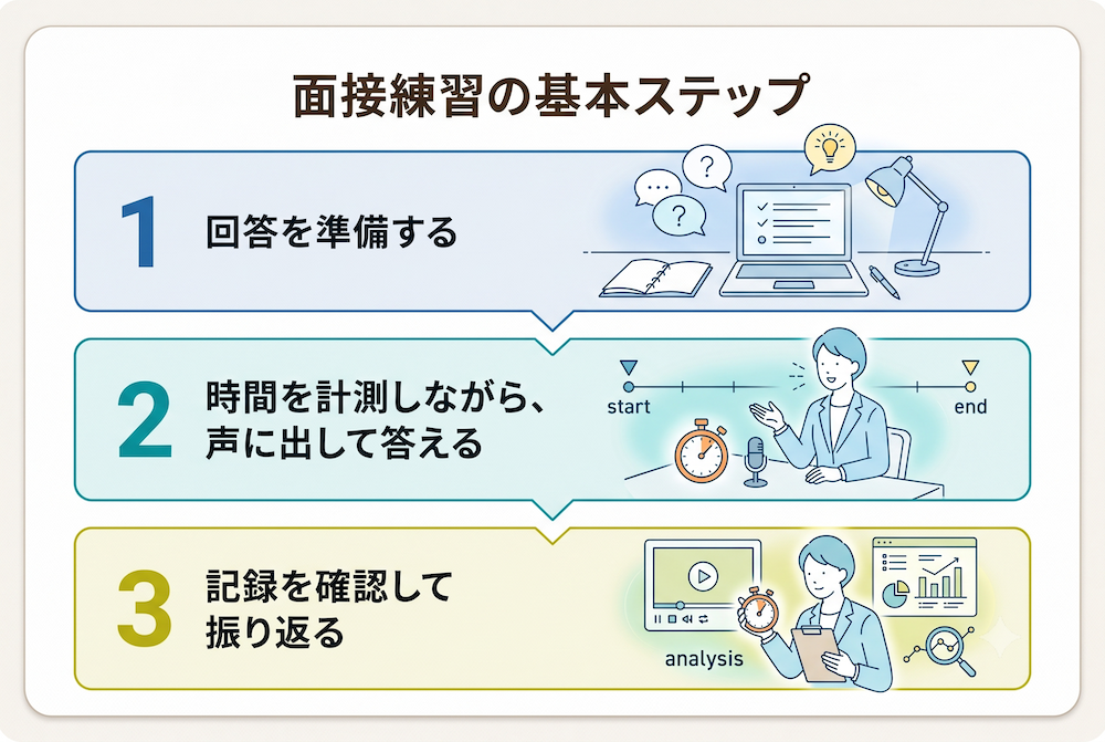 「面接練習の基本ステップ」のインフォグラフィック