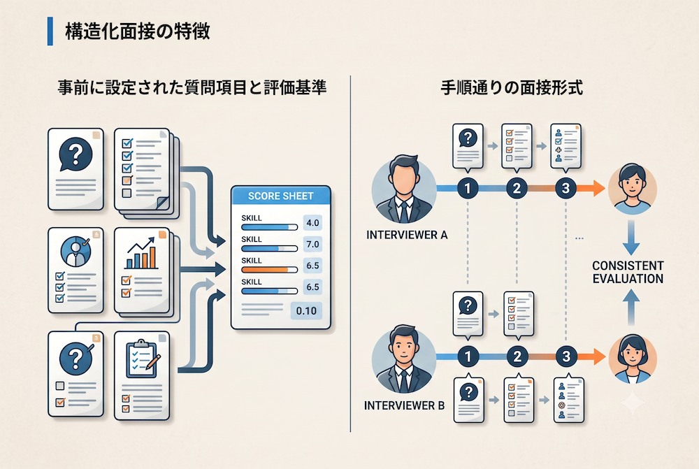 構造化面接の特徴(評価基準の設定と一貫した手順通りの面接)を解説するインフォグラフィック
